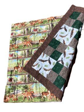 Quilt Throw Blanket  Handmade Buck, Deer, Fawn & Soaring Eagles 45 x 38 inches